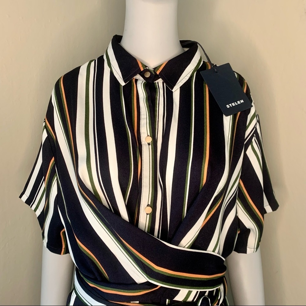 NWT STELAN Striped Faux Wrap Front Midi Dress Blue Short Sleeves Career Work MED - Picture 14 of 16
